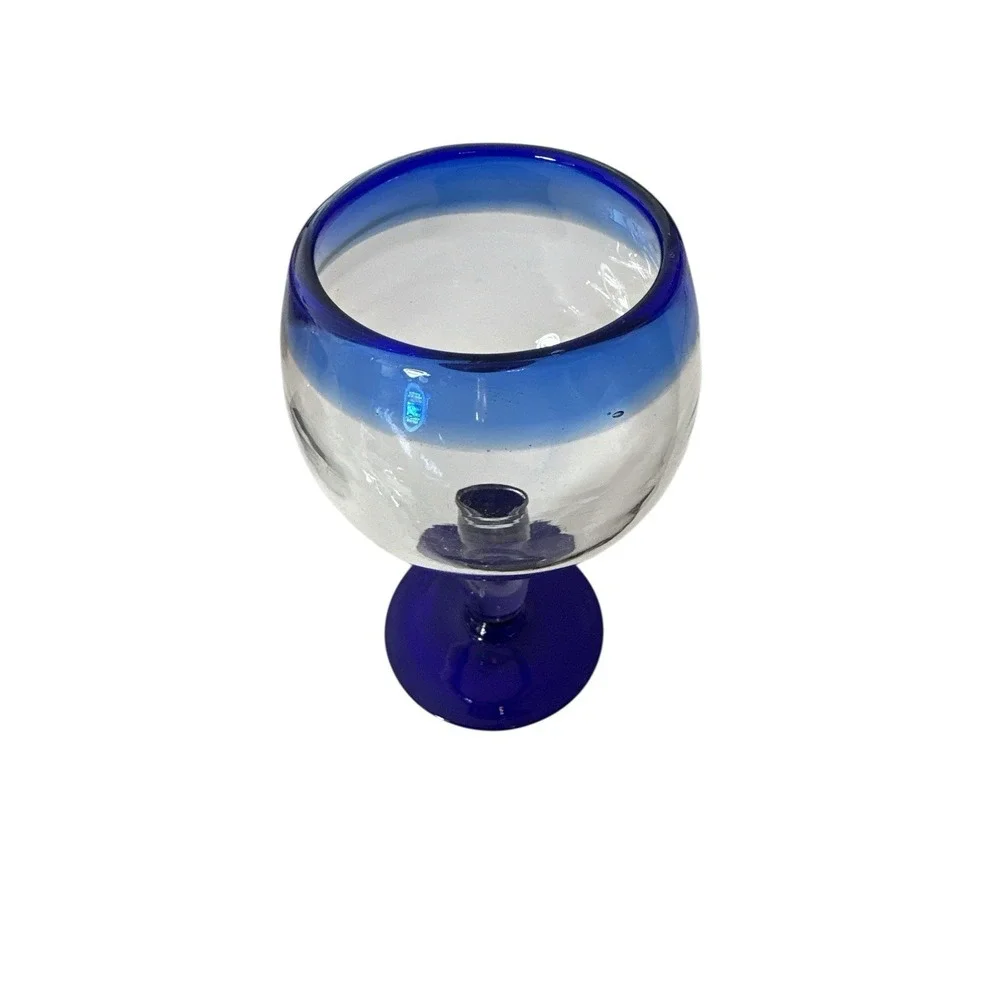 Mexican Artisan Hand‎ Blown Cobalt Blue Rim & Base Wine Glass